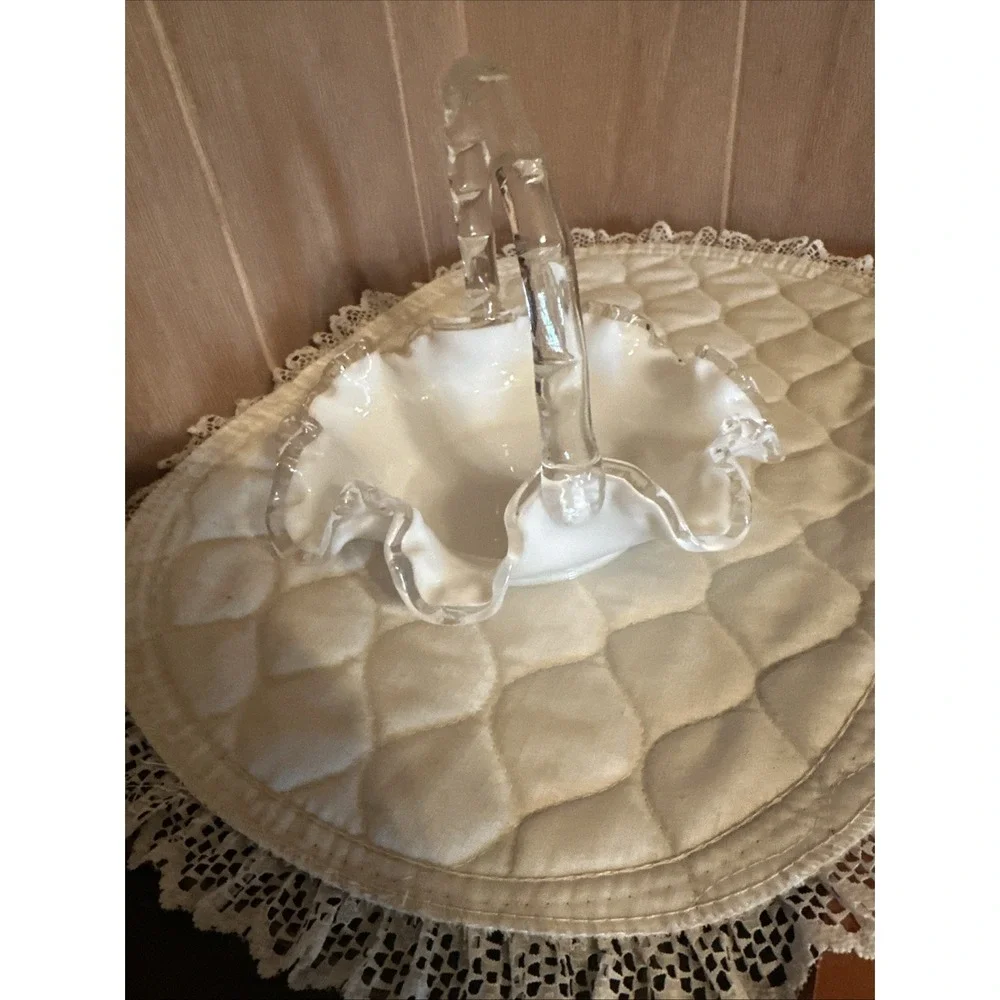 FENTON Milk Glass Silver Crest LARGE Ruffled Spanish Lace Brides Basket